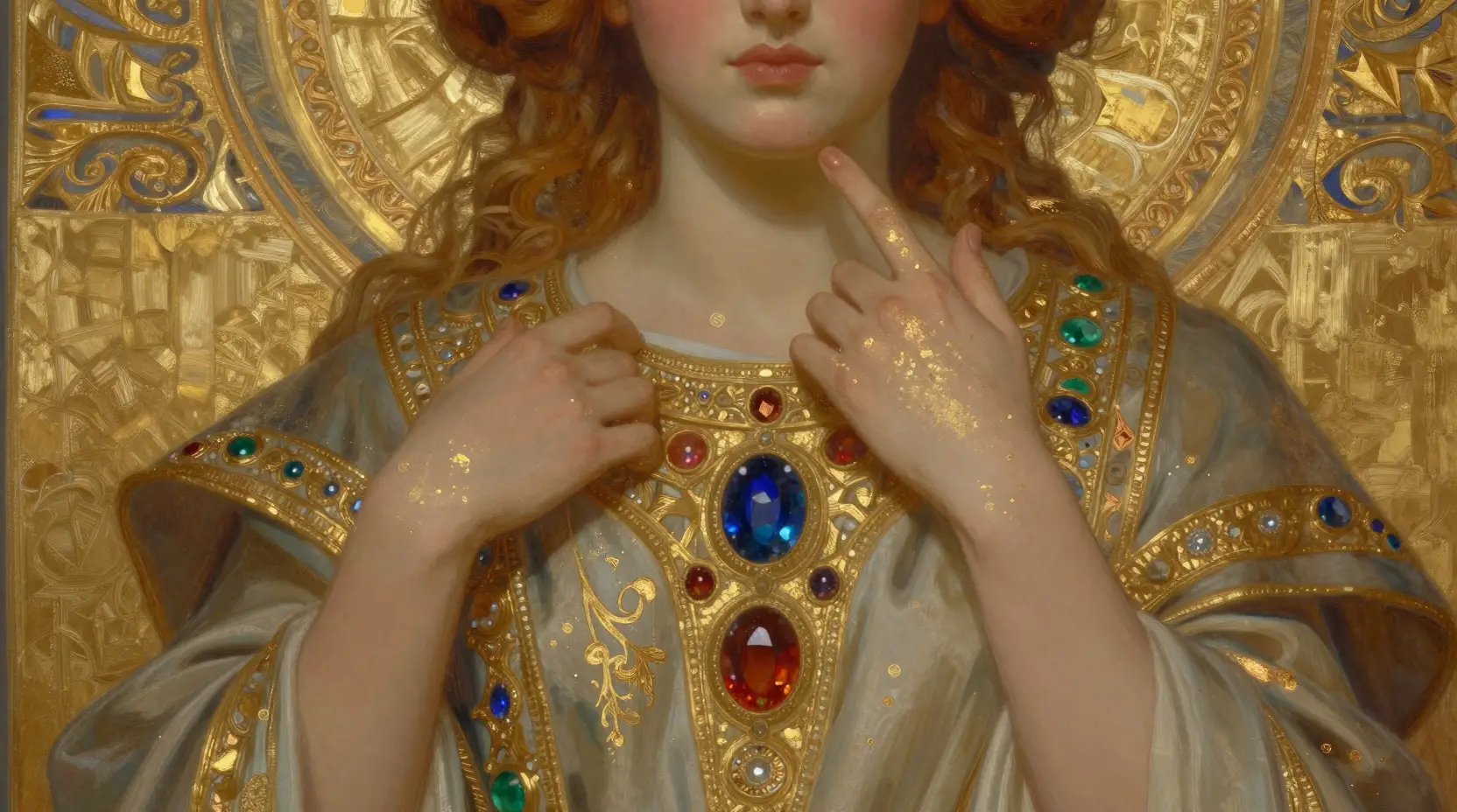 Majestic figure merging with ornate golden tapestry portrait