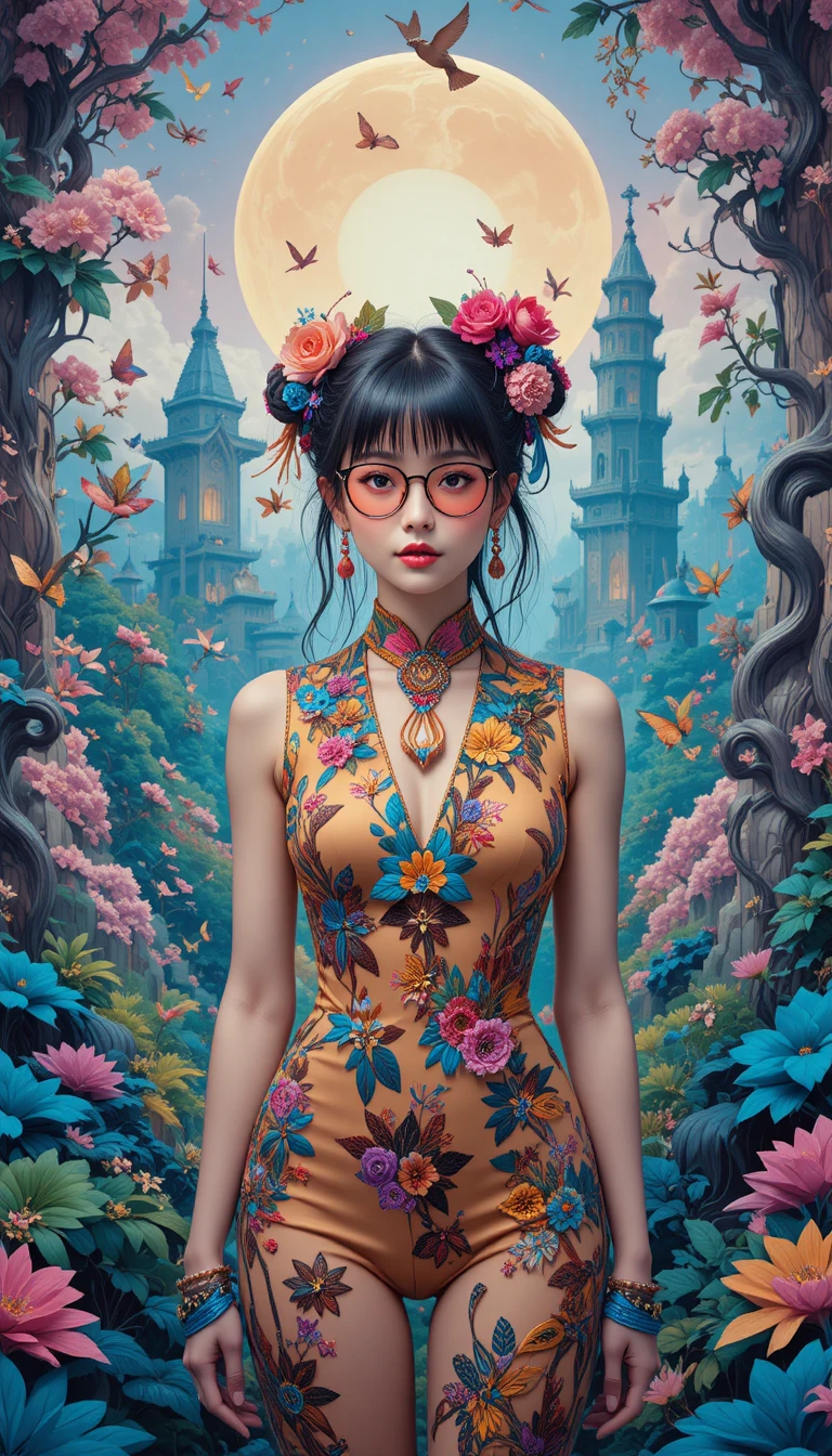 Stylish woman in glasses within a surreal dreamscape