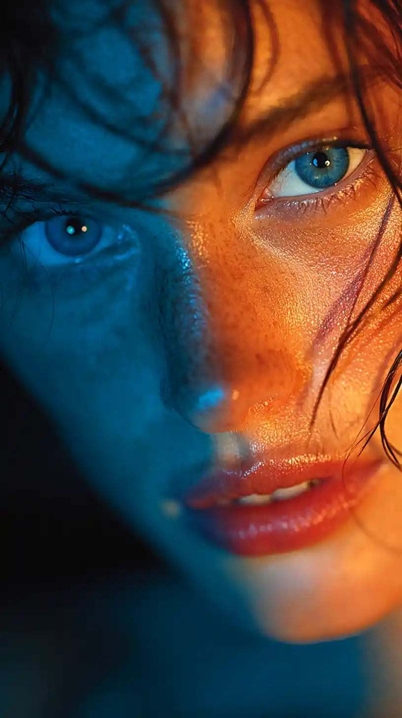 Extreme close up blue and orange portrait of a woman