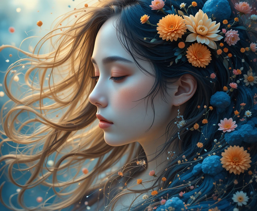 Surreal close up portrait of a serene young woman