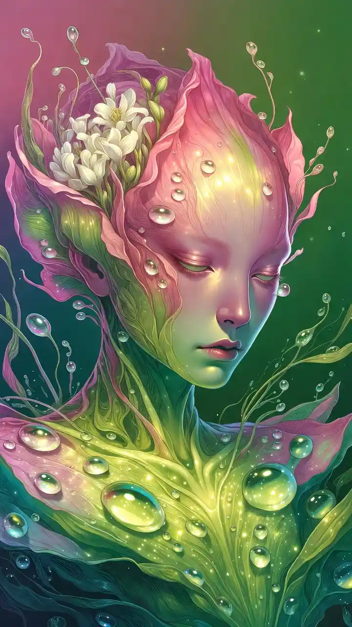Melancholic floral creature glowing softly in moonlit haze