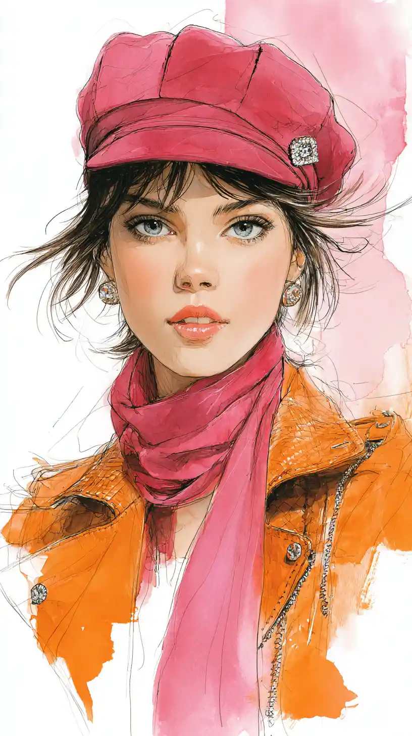 Stylish woman in pink cap and scarf fashion portrait