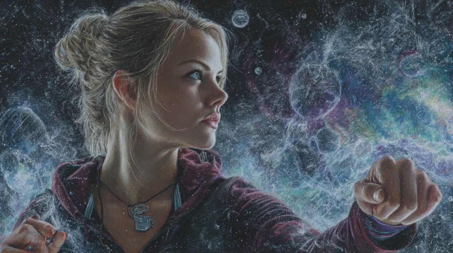 Young woman in space clutching a glowing crystal pendant
