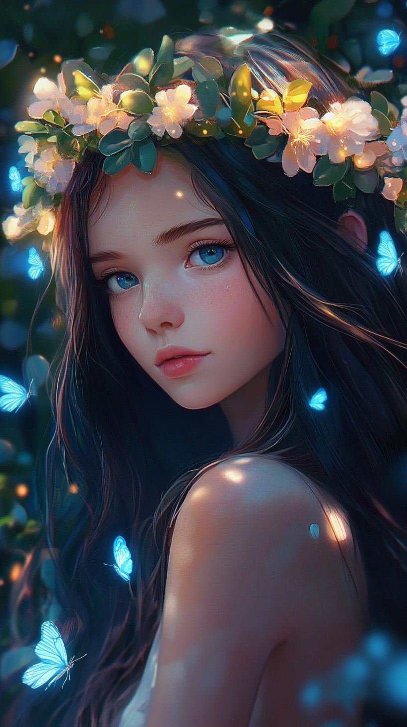 Flower crowned girl in a glowing enchanted night forest
