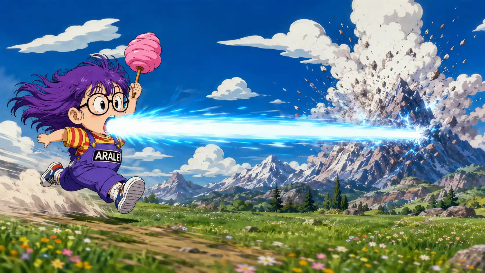 Anime girl running across a meadow with energy blast