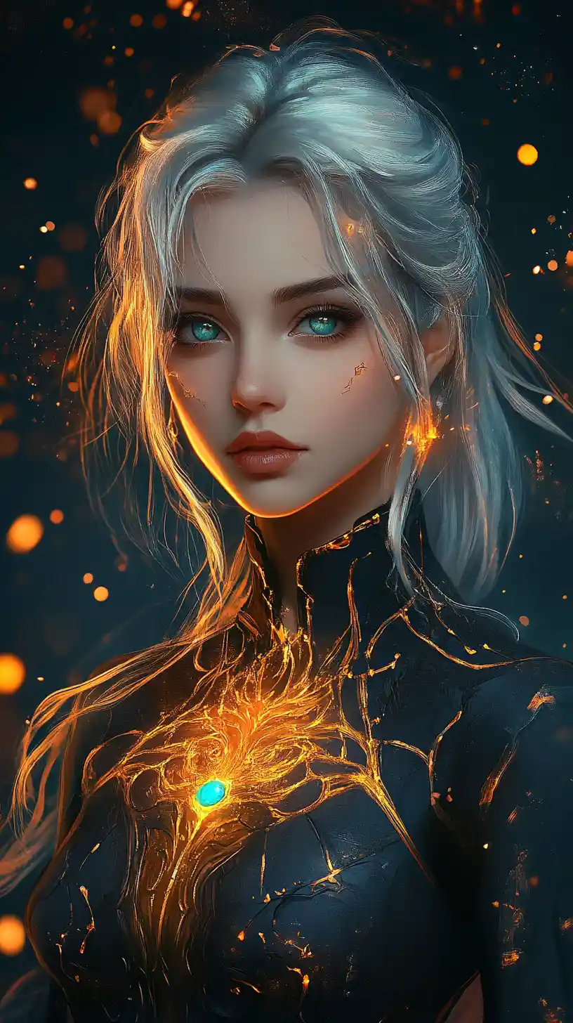 Mystical woman with glowing chest energy in cosmic light