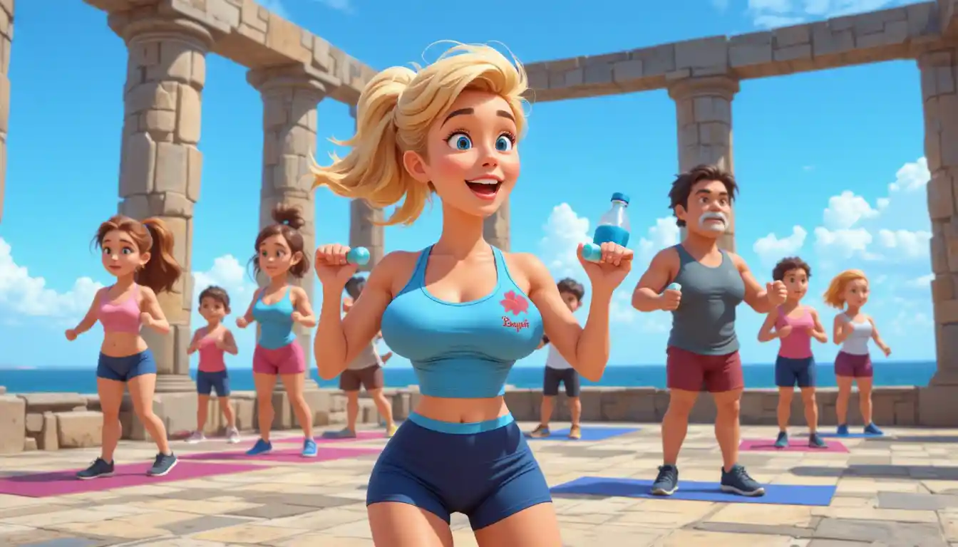 Cartoon outdoor fitness class by the ocean in summer