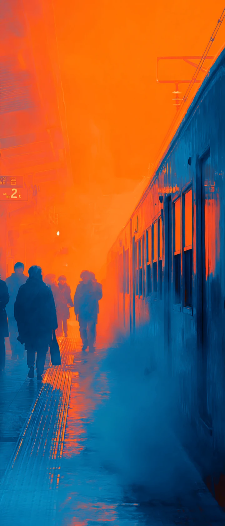 Anime commuters silhouetted on an infrared glowing train platform