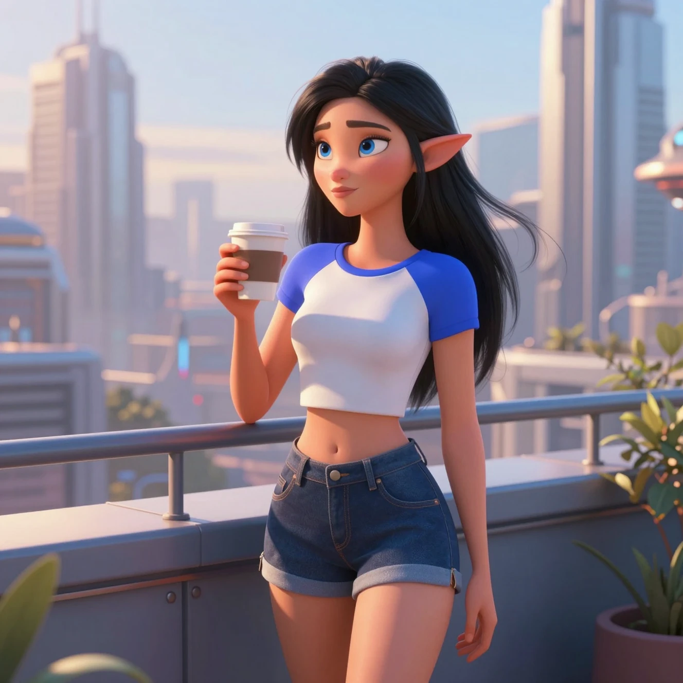 Elf woman on rooftop terrace at sunrise with coffee