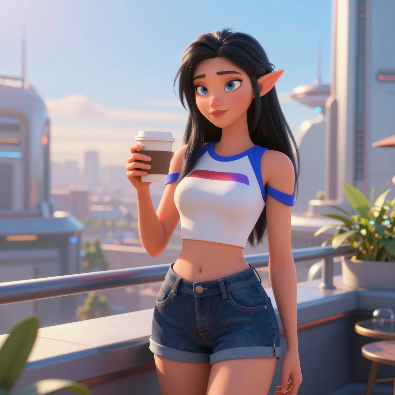Elf girl relaxing on a futuristic rooftop at sunrise