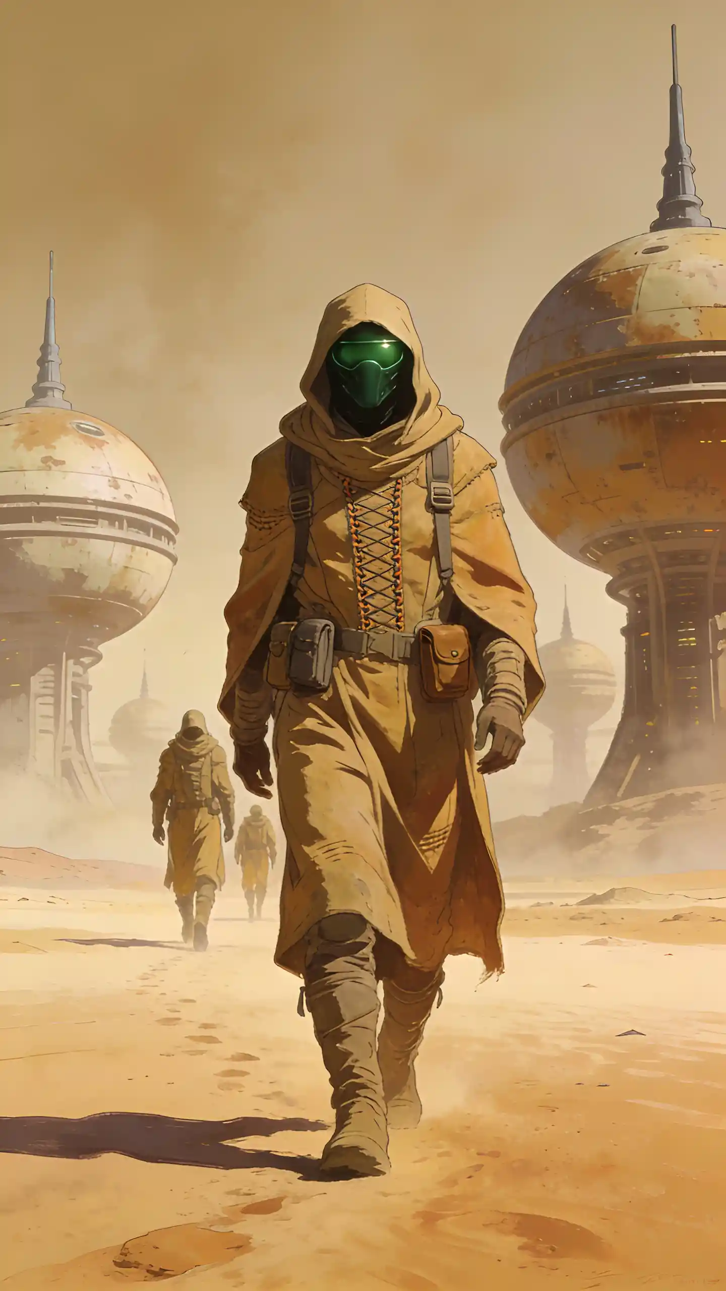 Lone cloaked explorer crossing a desolate desert world