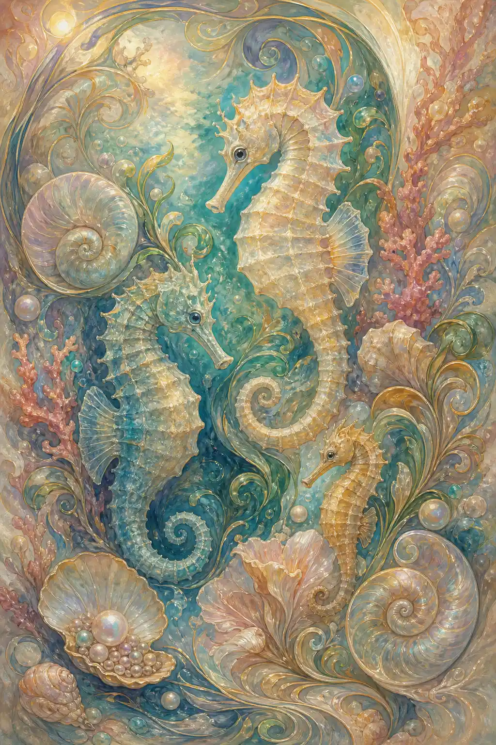 Art nouveau seahorse mood board with glowing coral elements