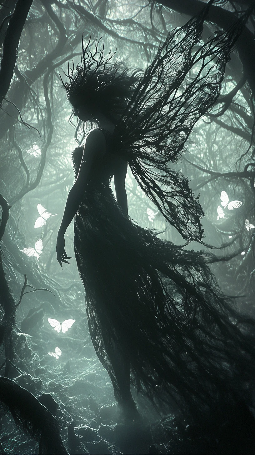 Dark fairy woman walking through a misty haunted forest