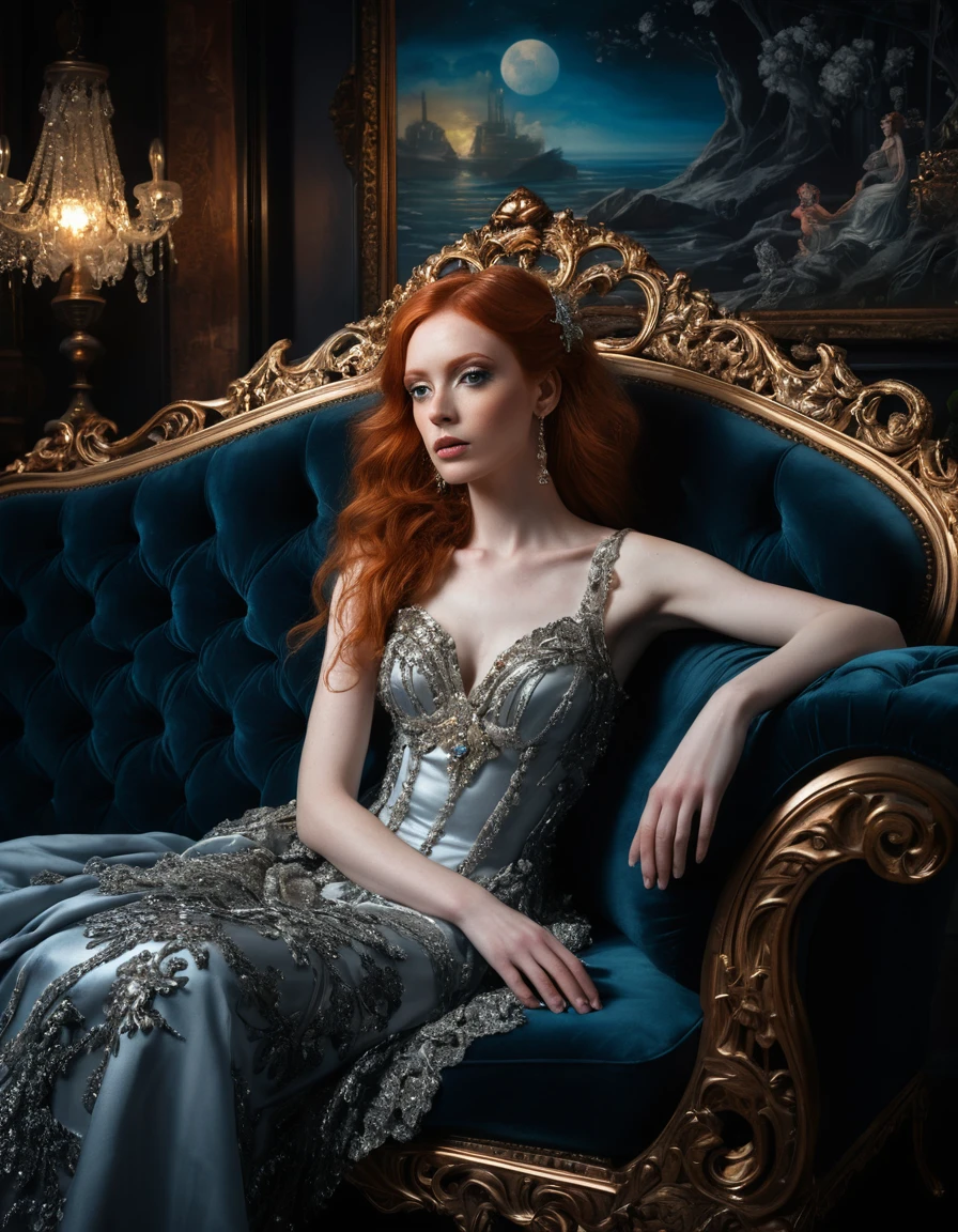 Redhead beauty lounging on an ornate couch in crystals