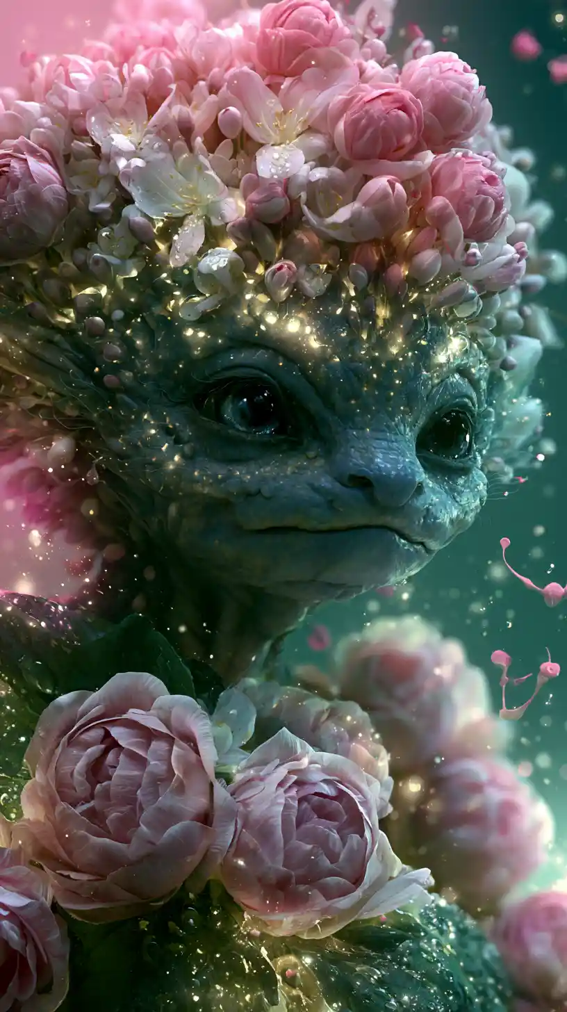 Melancholic floral creature glowing softly in moonlit hues