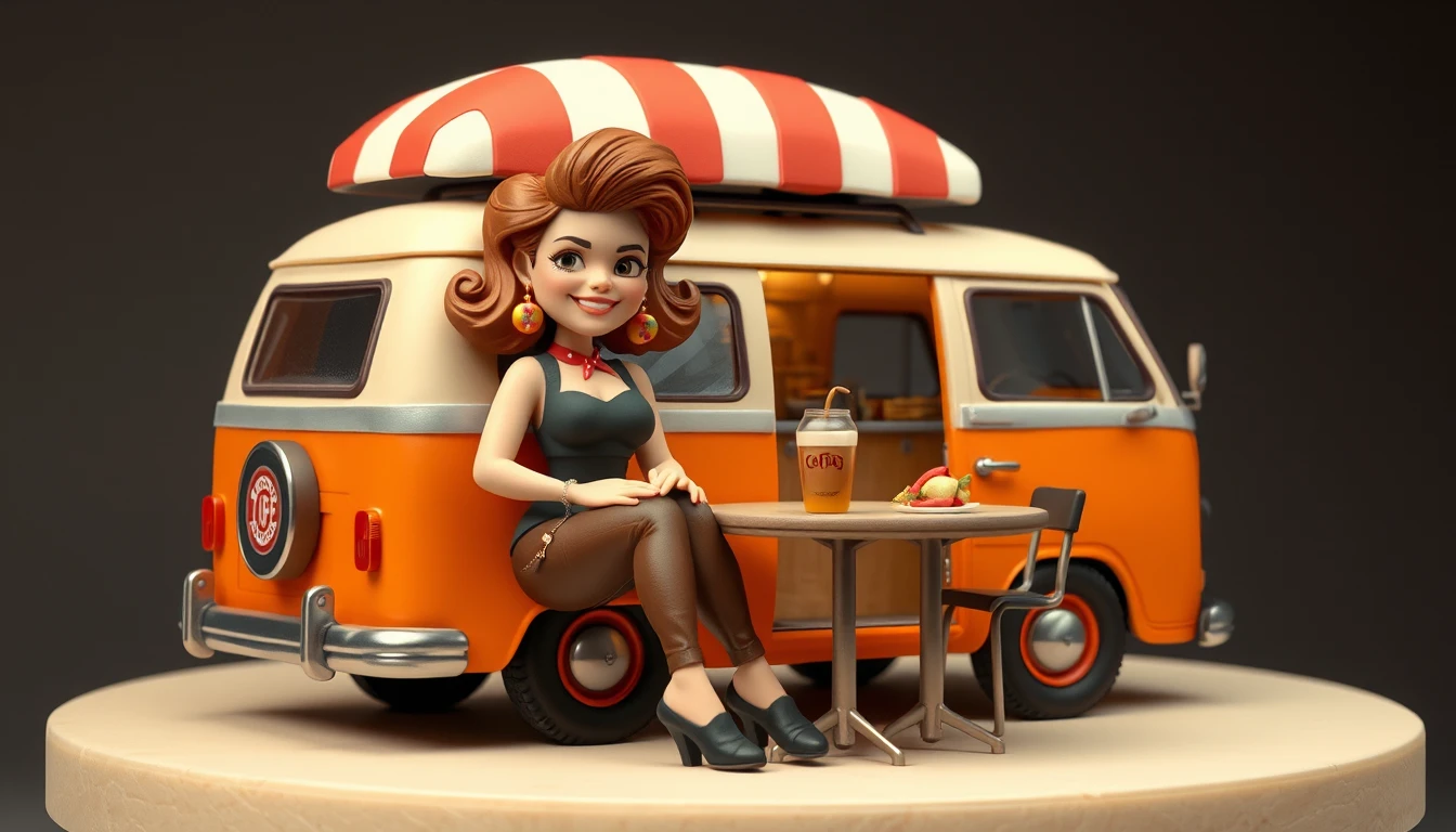Curvy red haired woman smiling beside an orange bar van