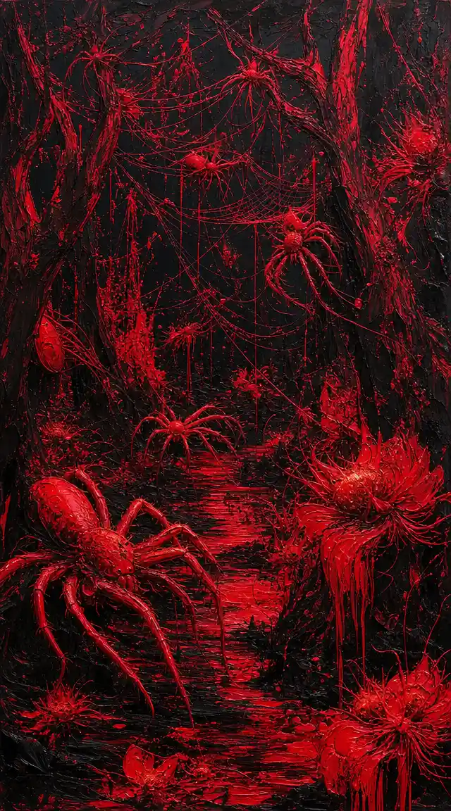 Chaotic red abstract painting of a hidden spider grove