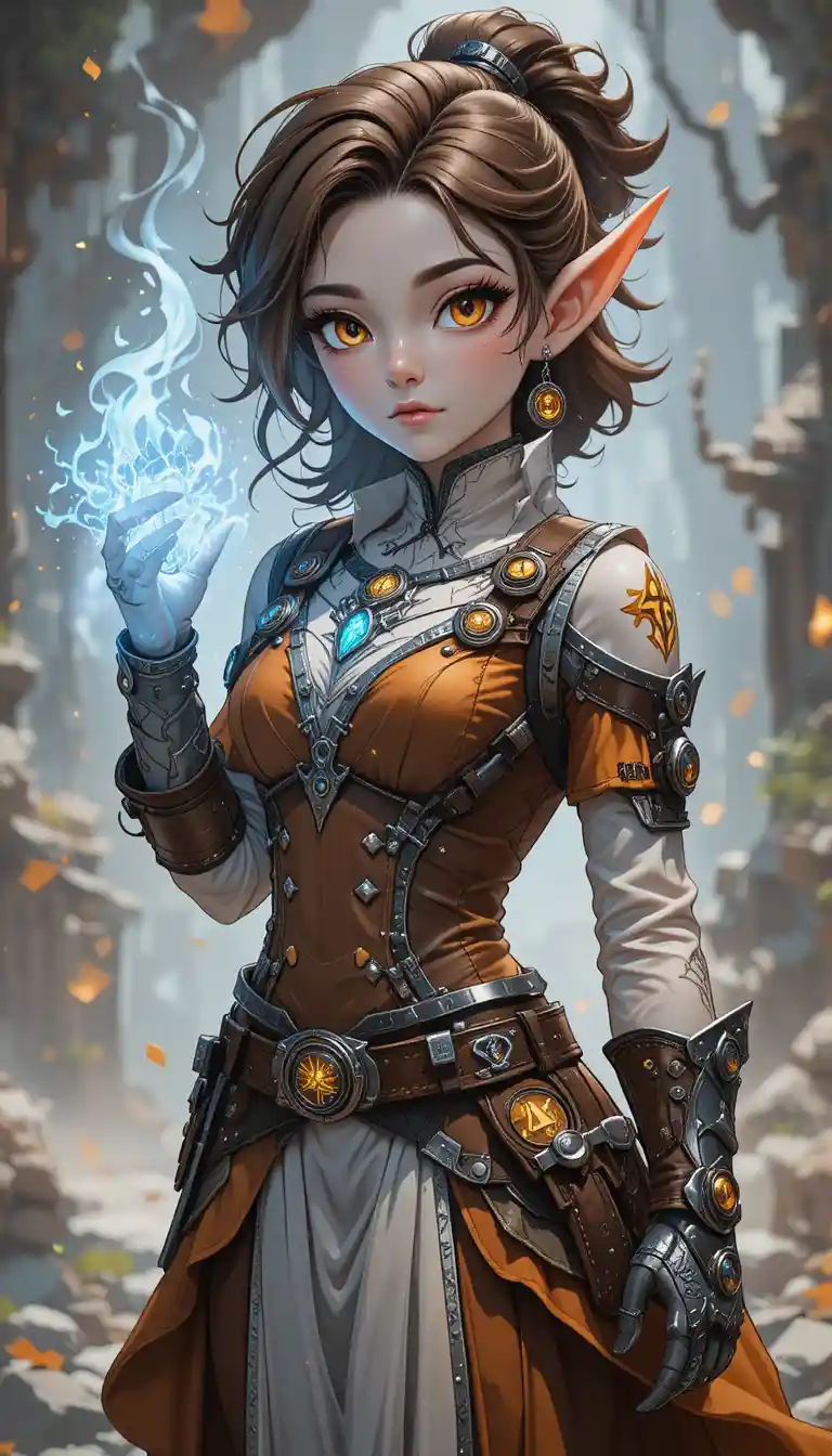 Young gnome forge mage girl with glowing runes in anime style