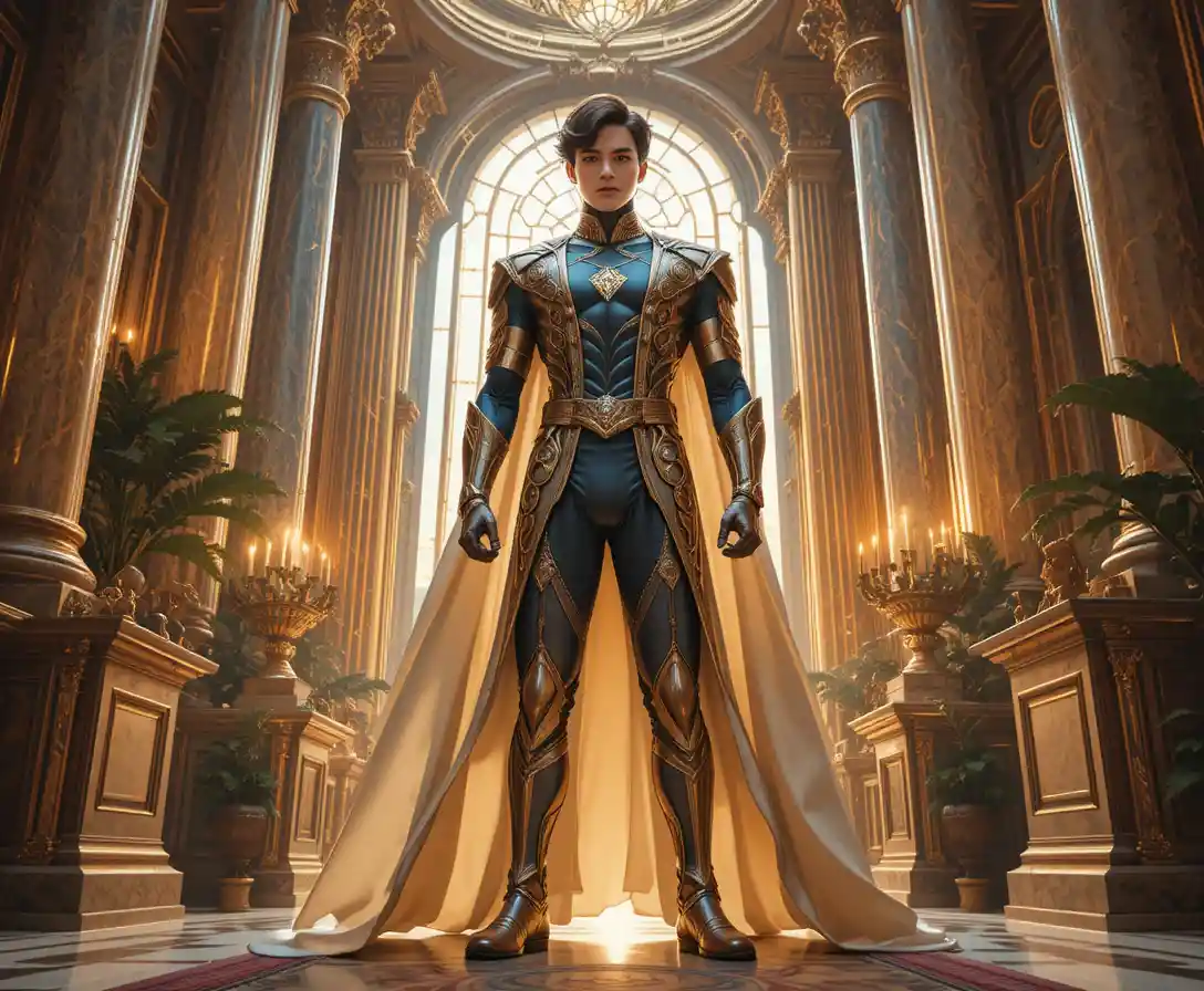 Young hero in a luxurious golden high society interior