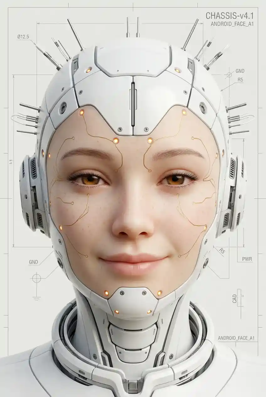 Serene android face close up on technical white background