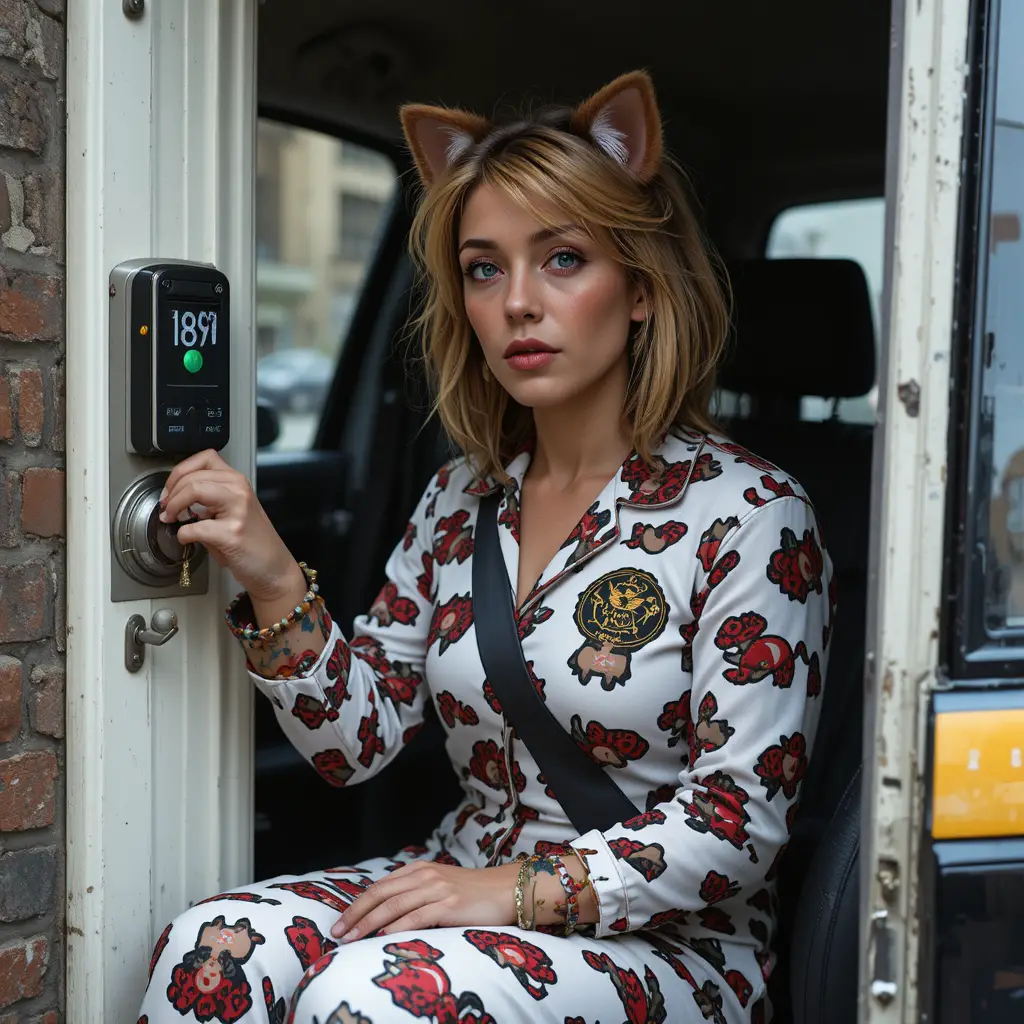 Woman in quirky pajamas greeted by a confused taxi driver