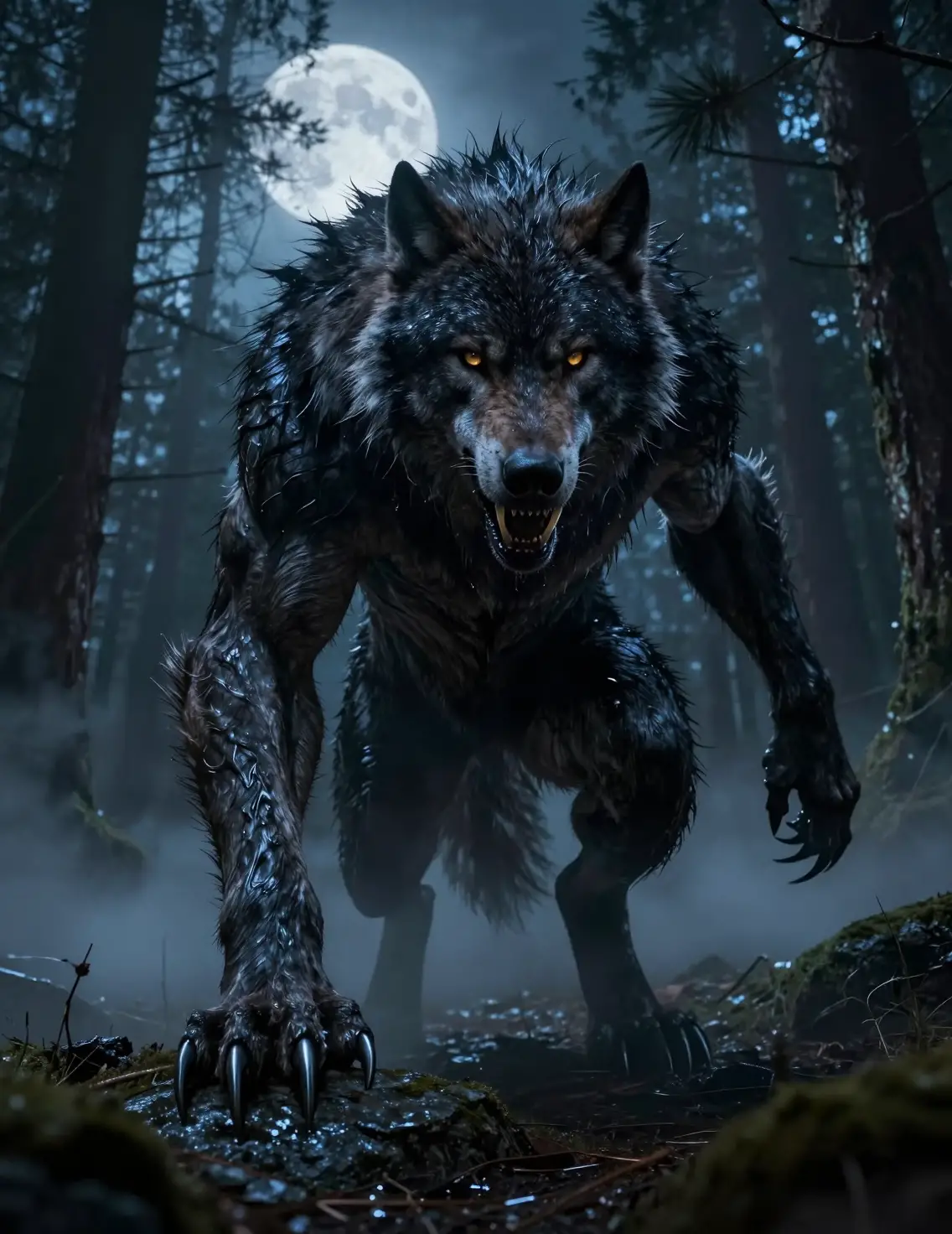 Ancient werewolf emerging from a moonlit foggy forest