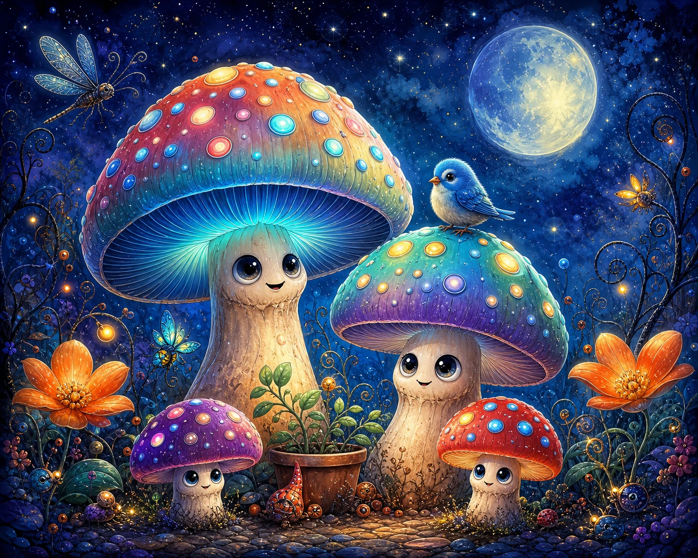 Whimsical Glowing Mushrooms In A Magical Night Forest