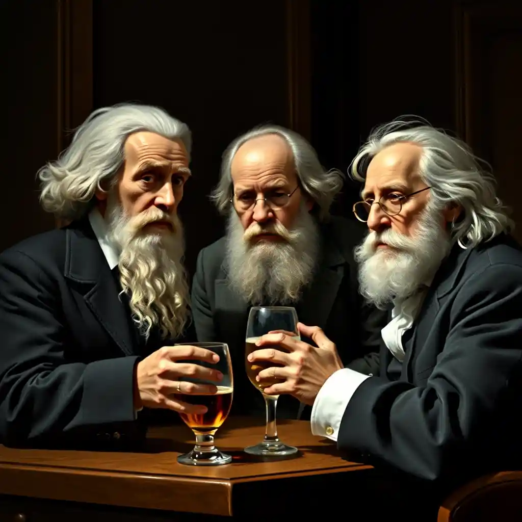 Philosopher raising a drink in a lively bar scene