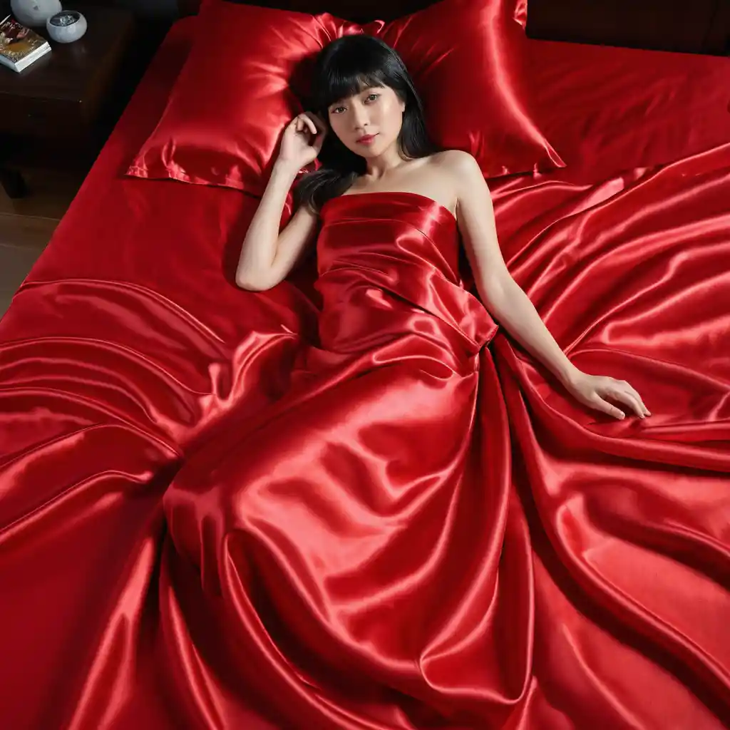 Elegant Japanese woman lying on red satin bed sheets