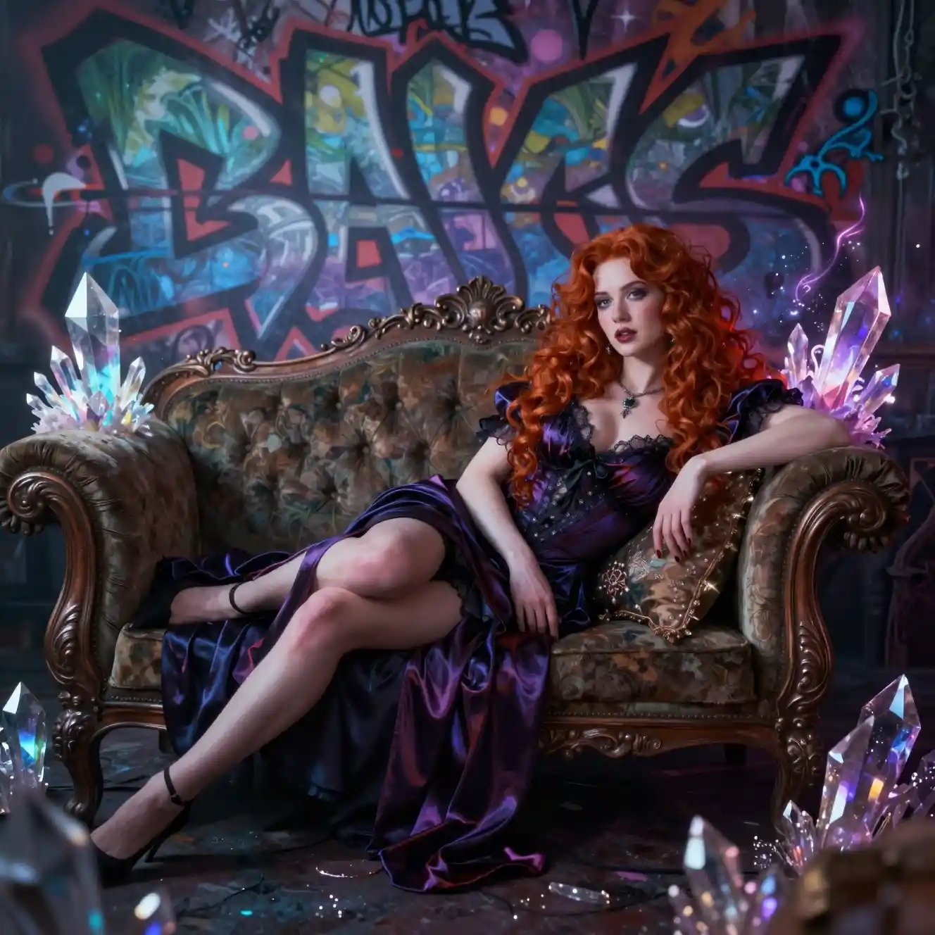 Redhead woman on ornate couch in dark fantasy interior