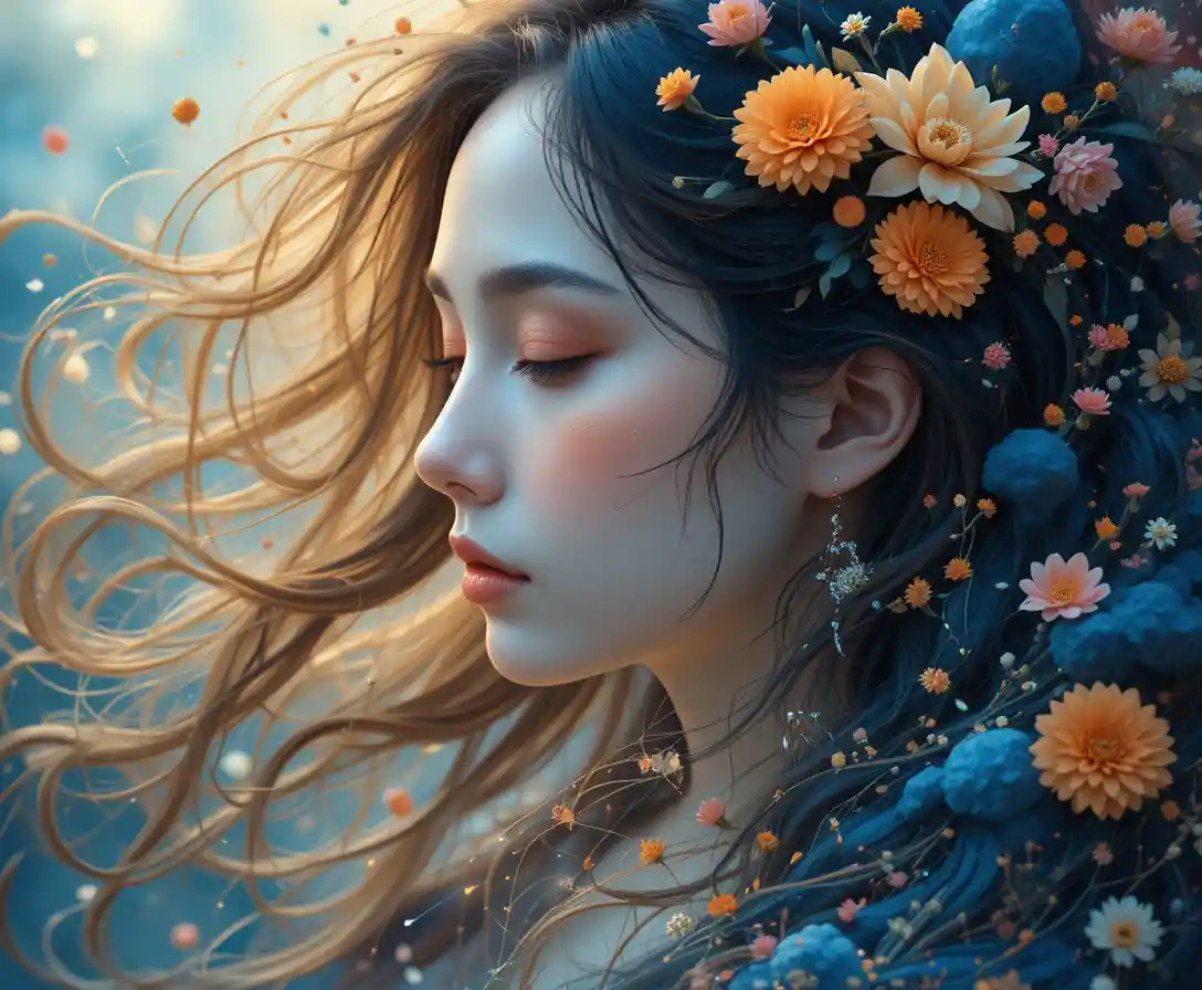 Surreal close up portrait of a serene young woman