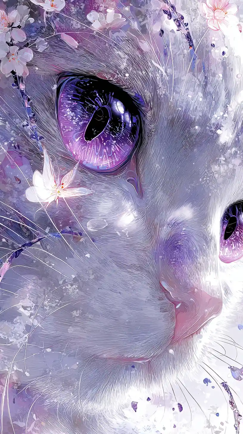 Whimsical nekomata face with violet eyes and cherry blossoms