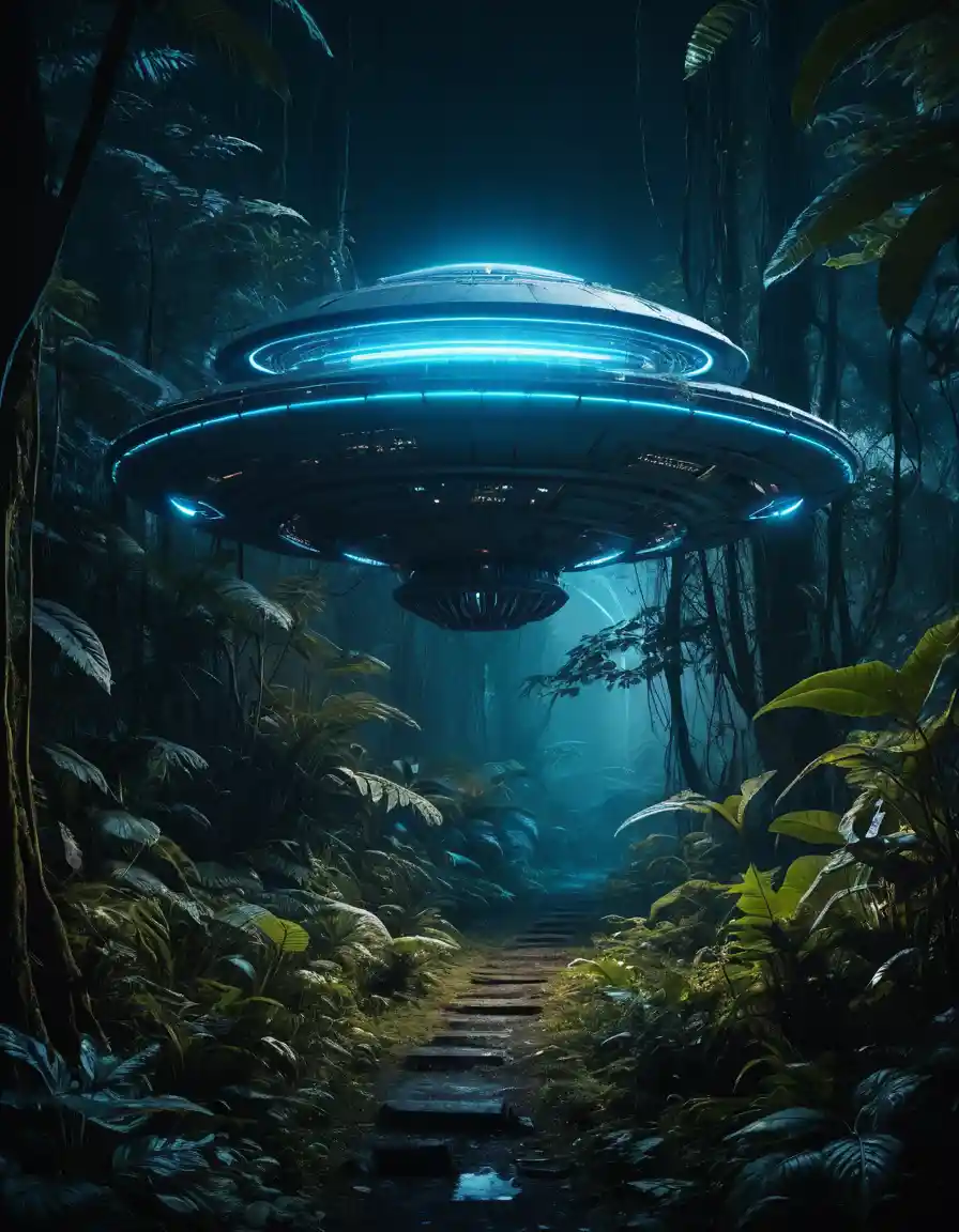 Neon UFO Hovering Over Futuristic Jungle At Night