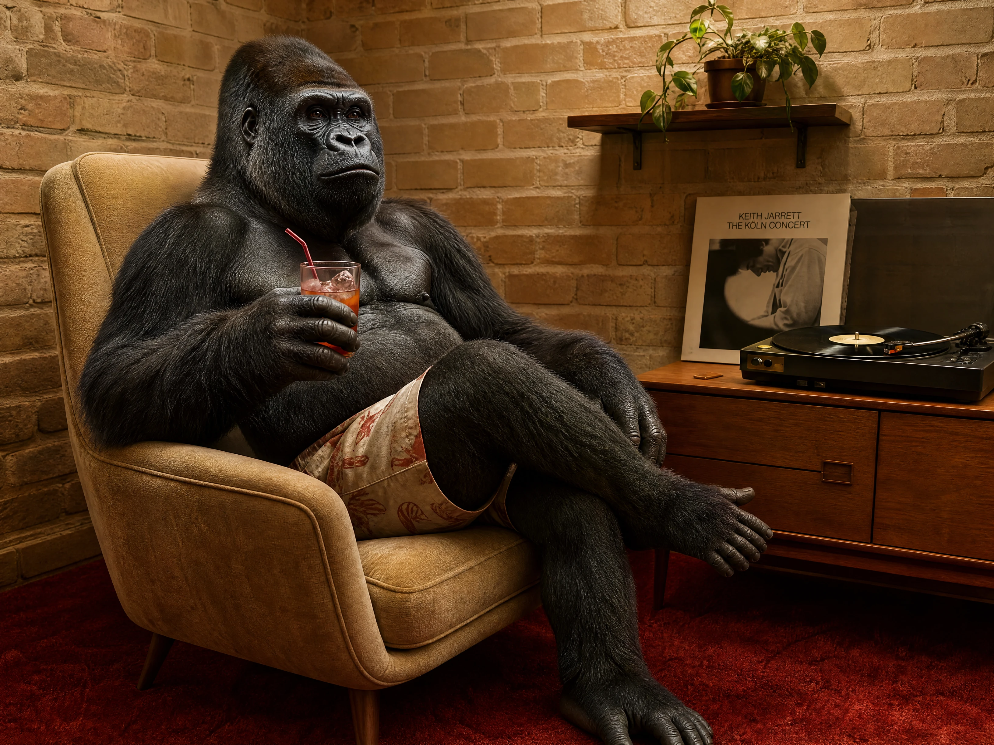 Gorilla Relaxing In Mid Century Armchair With Cocktail