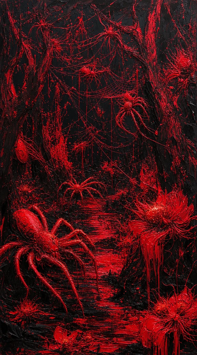 Chaotic red abstract painting of a hidden spider grove