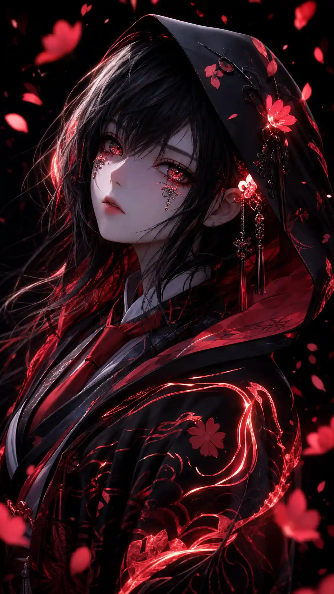 Melancholic anime girl in glowing black and red kimono