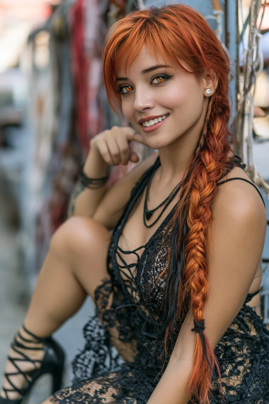 Emo gothic girl in lace dress pointing with playful attitude