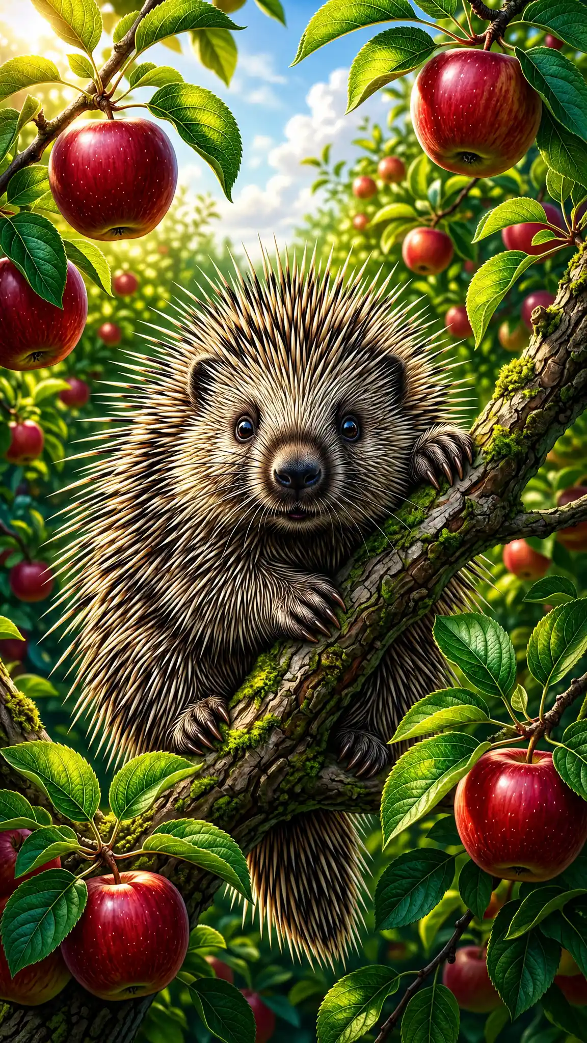 Cute porcupine close up hanging playfully in an apple tree