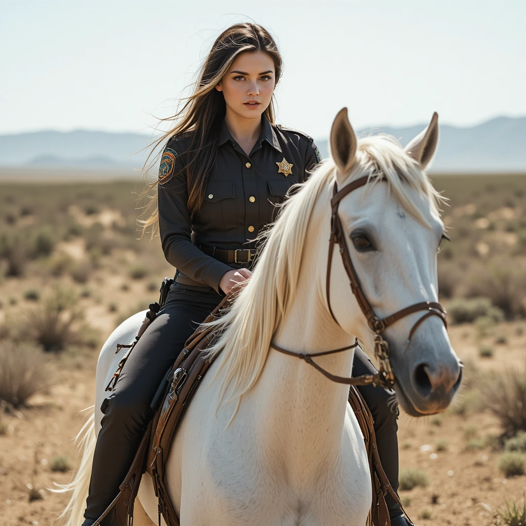 Cowgirl deputy riding a white horse through desert plains
