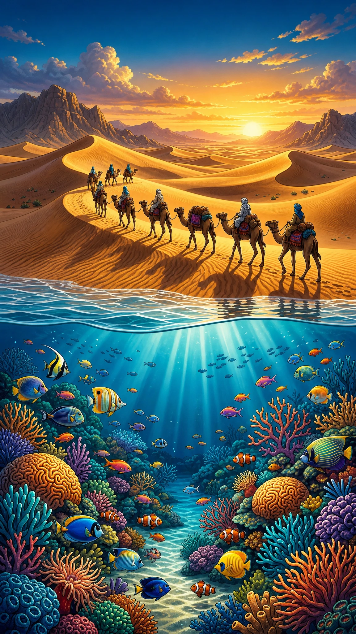 Whimsical coral reef beneath a glowing desert horizon