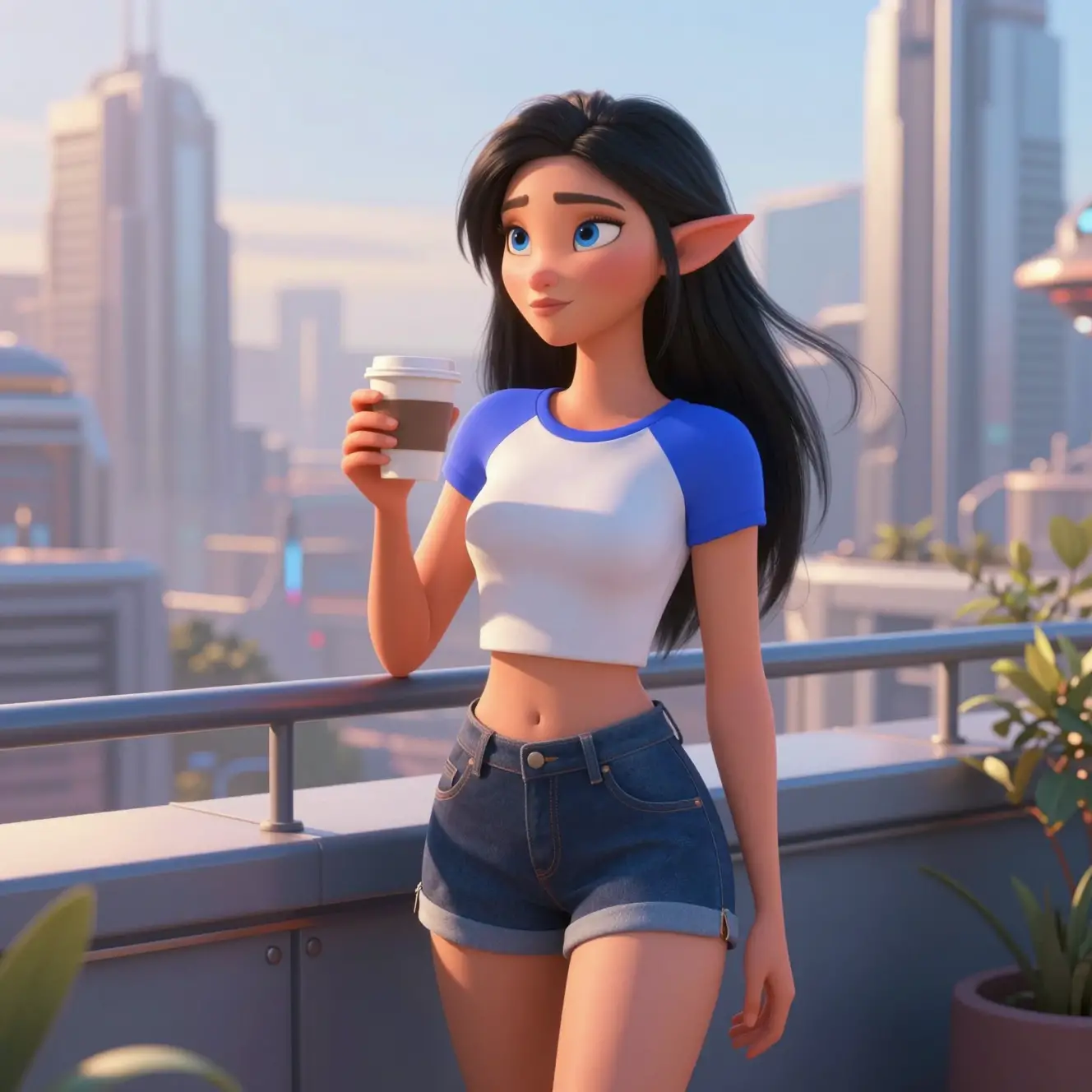 Elfenfrau auf Dachterrasse bei Sonnenaufgang mit Kaffee