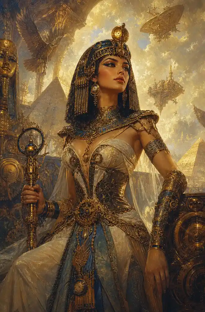 Cleopatra portrait in luxurious steampunk inspired clothing