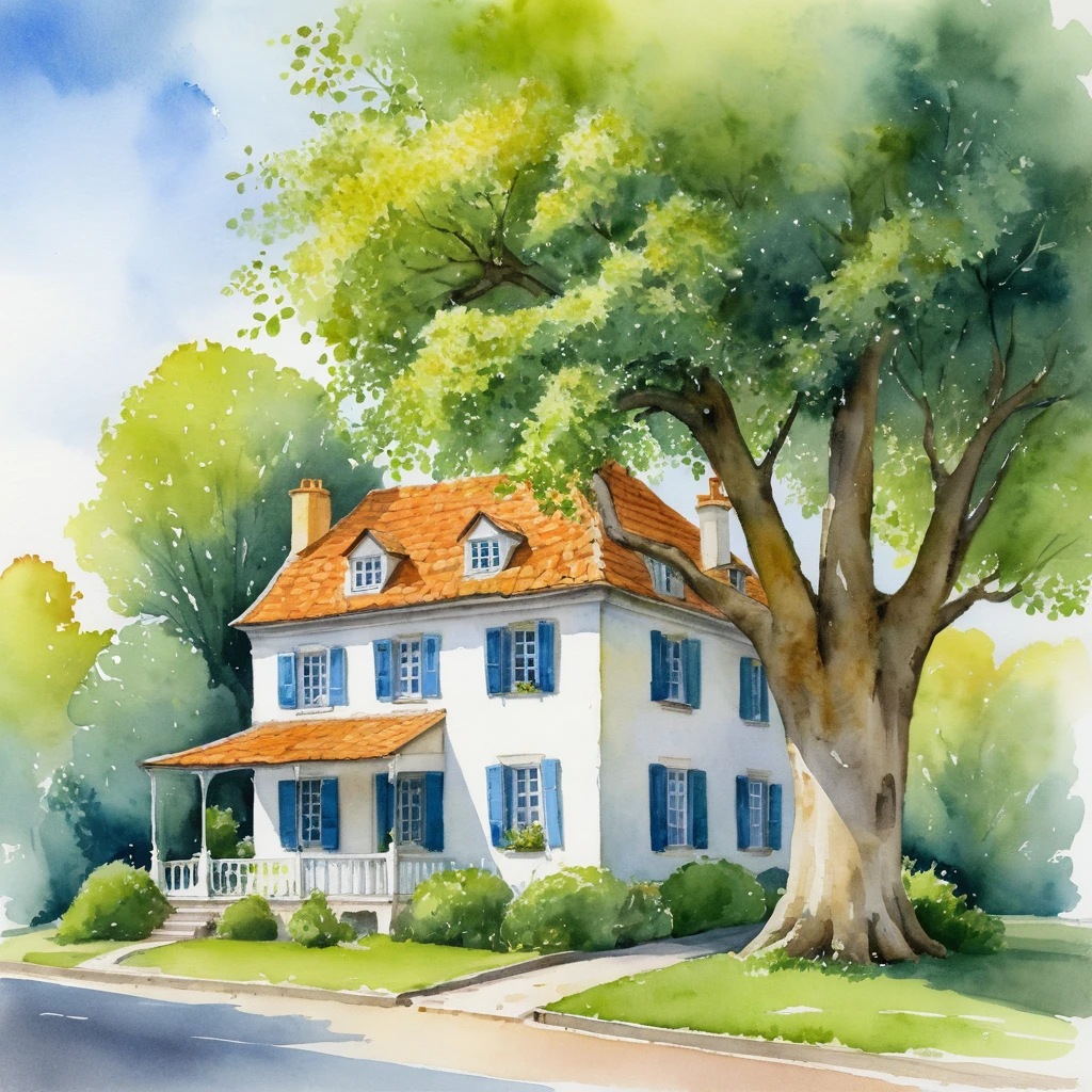 White watercolor house with lime trees and nostalgic charm