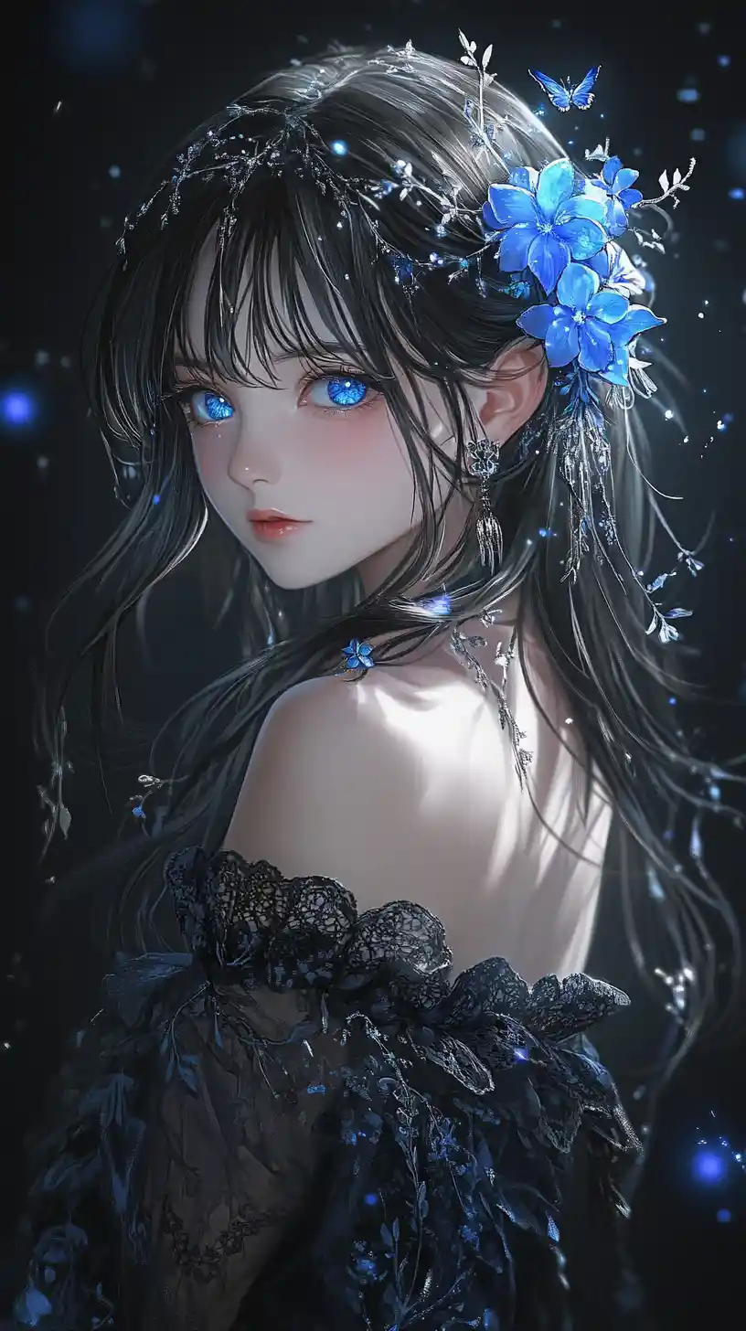 Blue eyed anime girl in glowing floral darkness