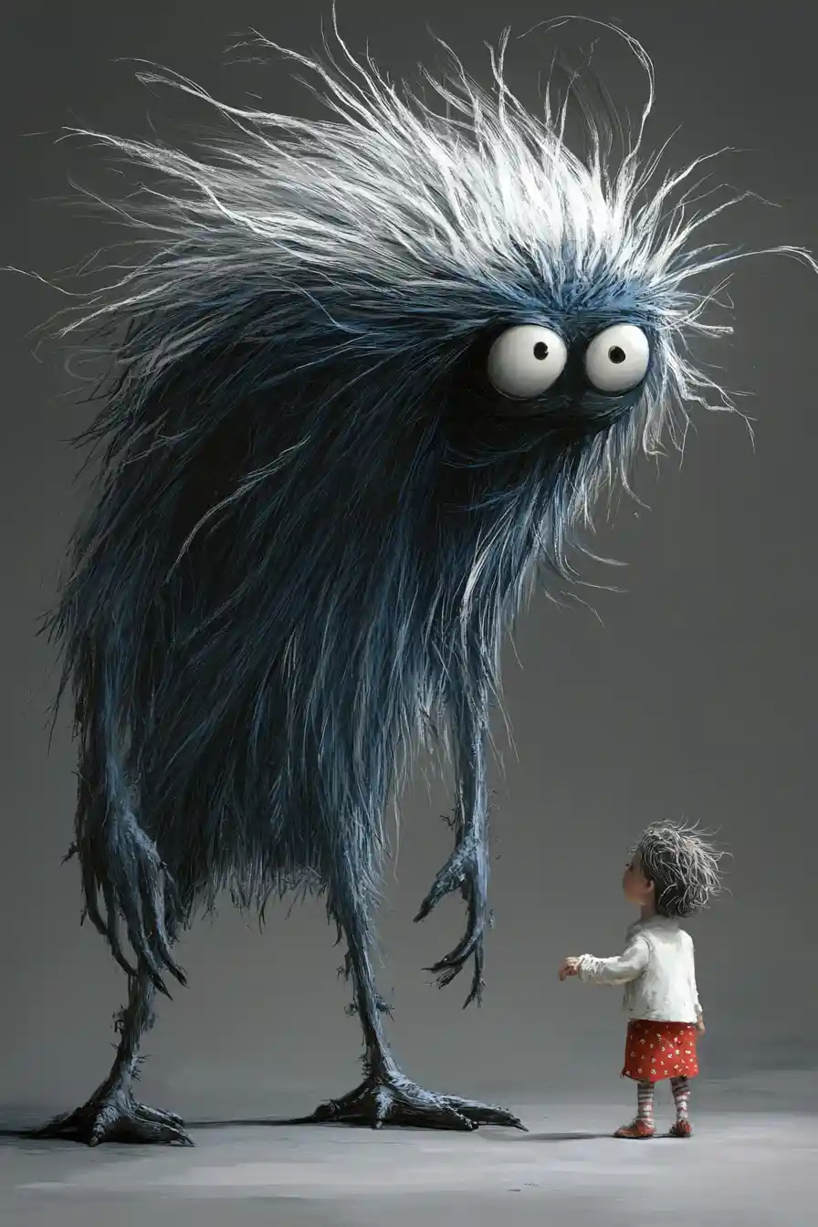 Small child facing towering surreal monster in gray space