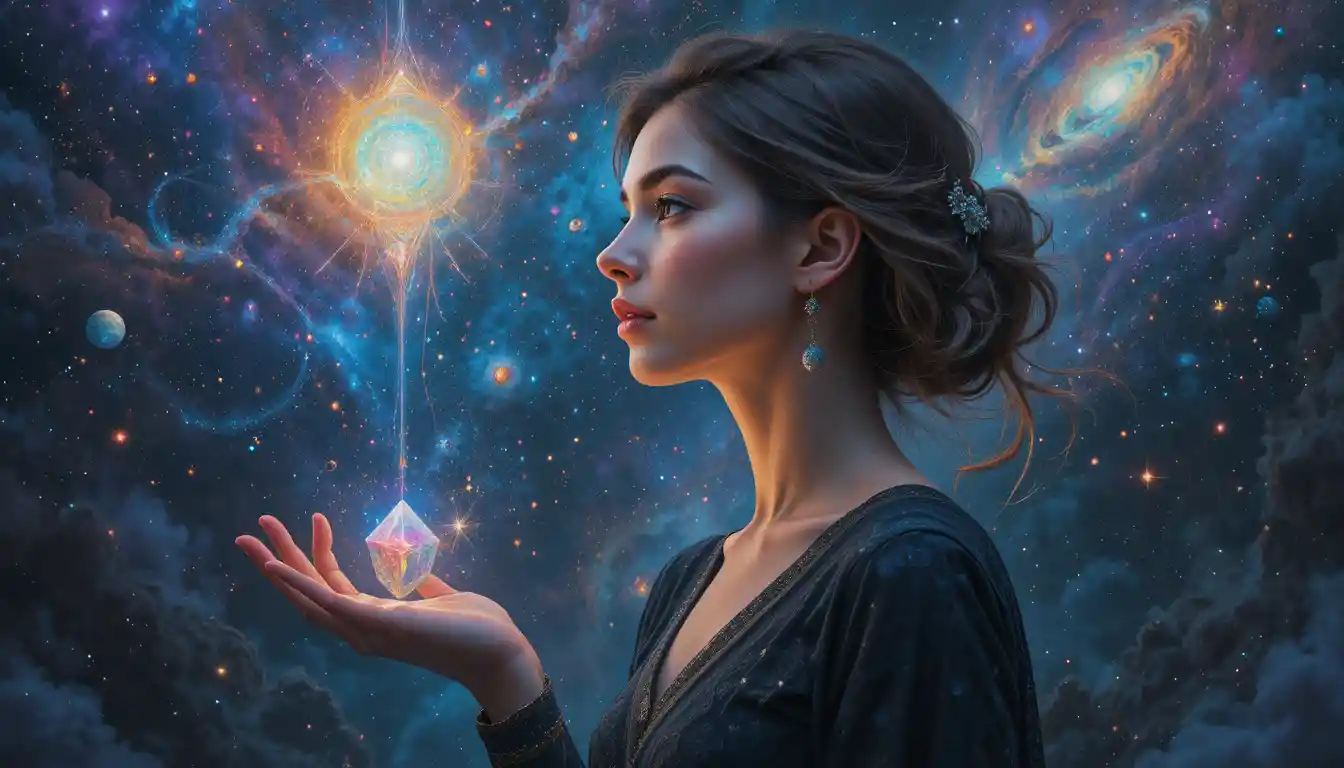Young woman in space clutching a glowing crystal pendant