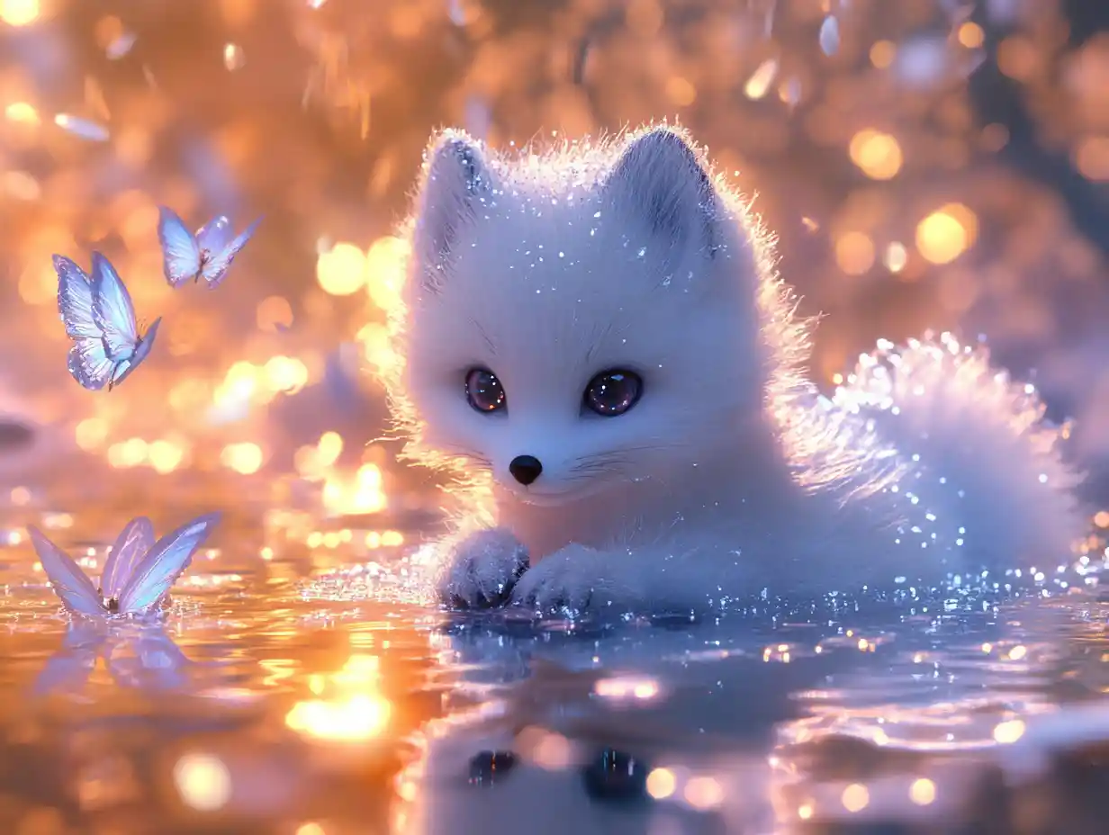 Cute arctic fox kit in a glowing reflective pool