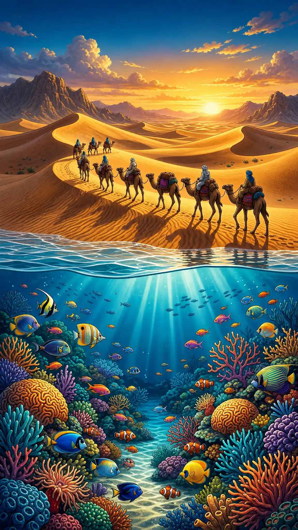 Whimsical coral reef beneath a glowing desert horizon