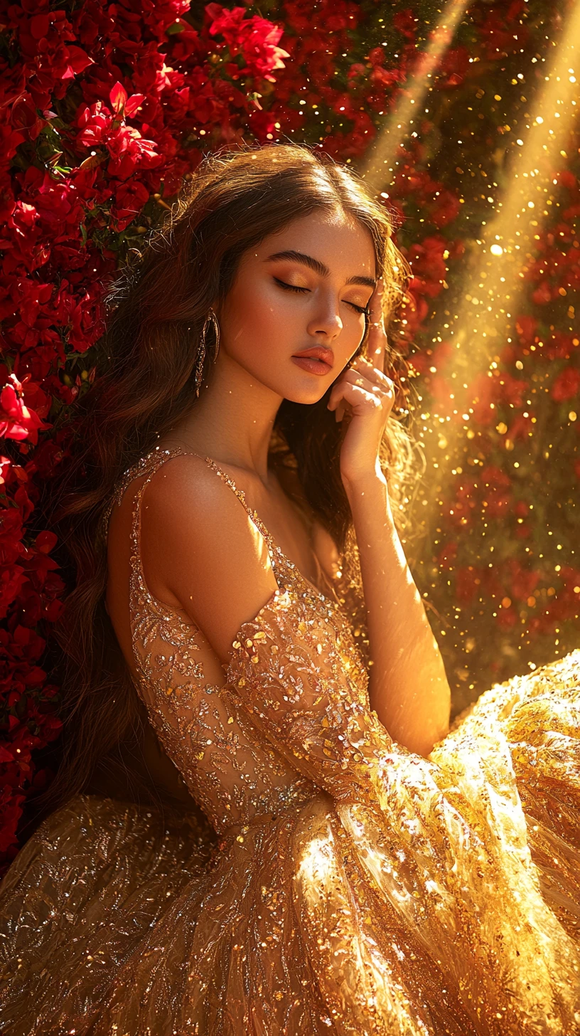 Arabische Fashionfrau im goldenen Kleid vor roter Blumenwand