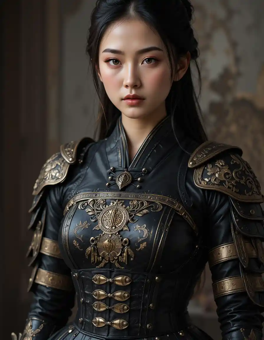 Japanese warrior woman in ornate black and gold armor